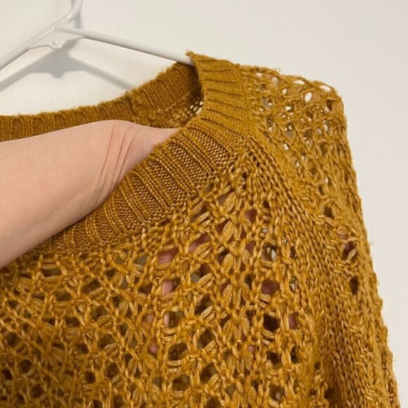 AMERICAN EAGLE Mustard Yellow Golden White Open Knit Chunky Oversized Sweater M - Picture 5 of 12